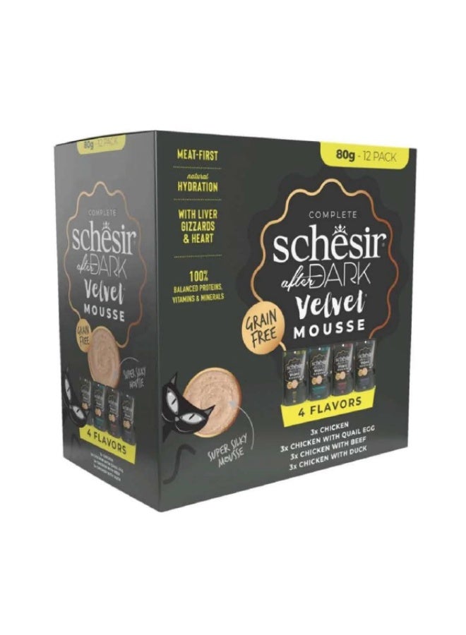 Schesir After Dark Velvet Mousse Complete Variety Pack for Adult Cats – 4 Flavors Selection – Grain-Free Super Silky Mousse – 960 g (12 x 80 g Cans)